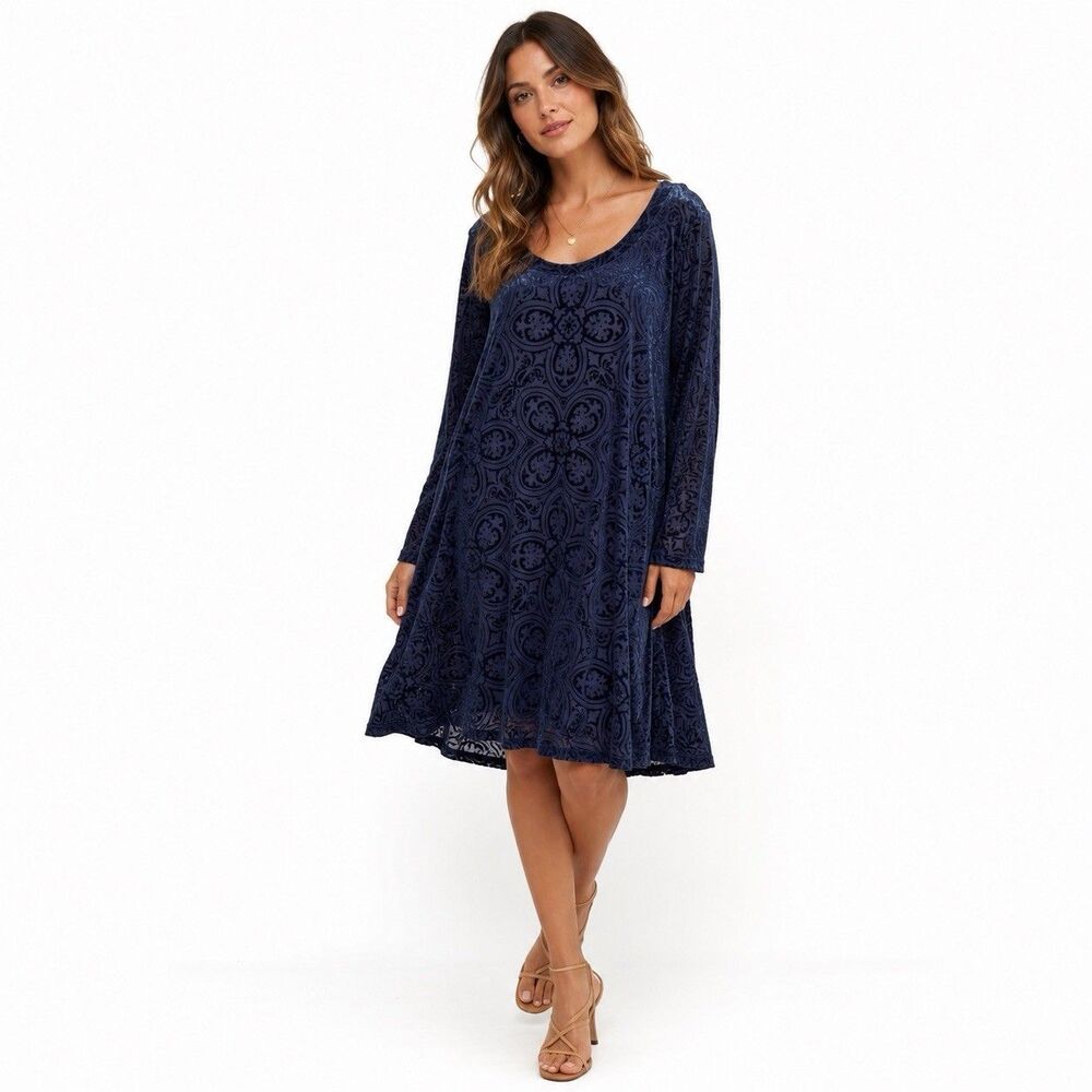 Hope & Harlow Midi Dress Size L Navy Blue Long Sleeve Velvet Burnout Lined Chic